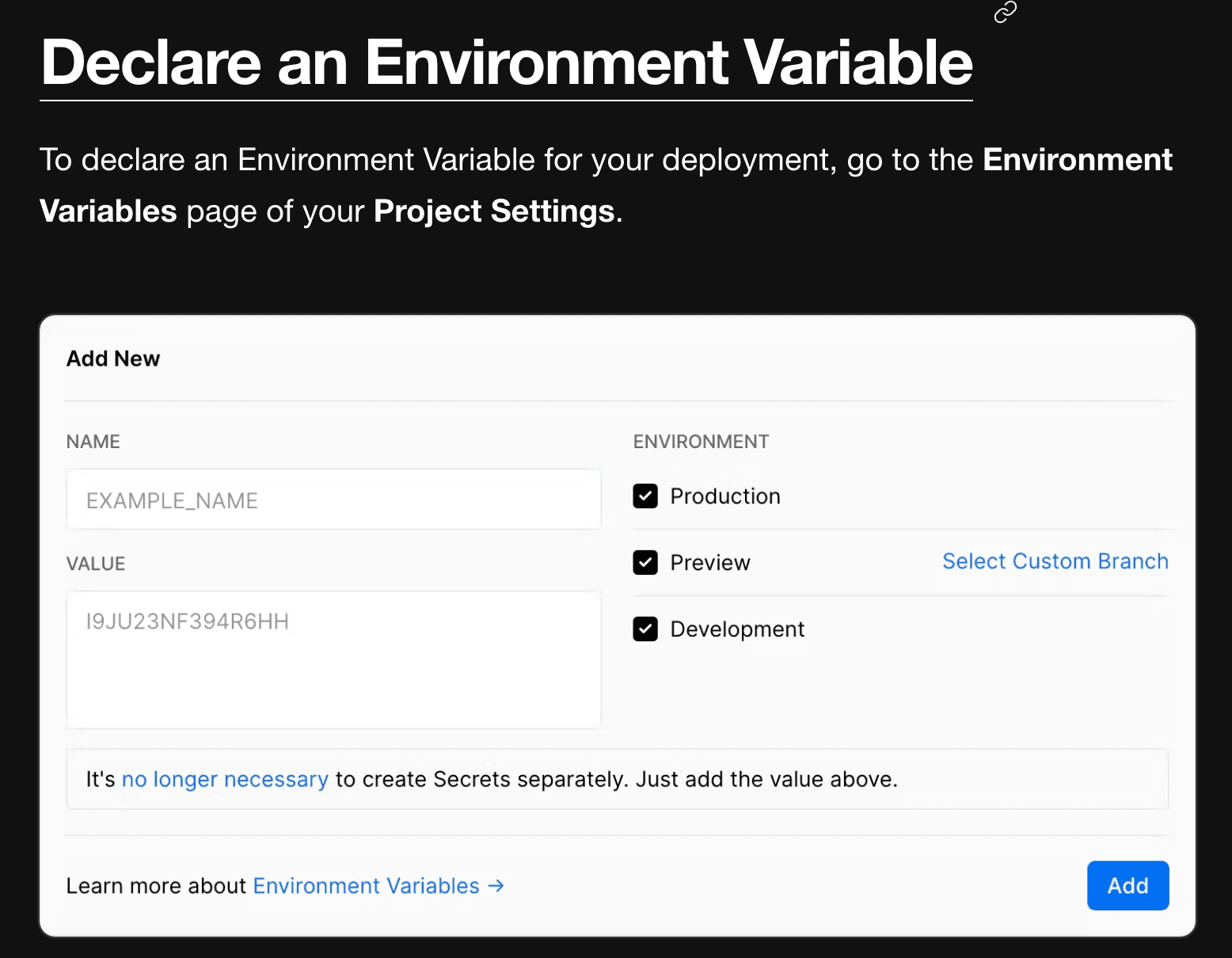 Vercel, Environment variables