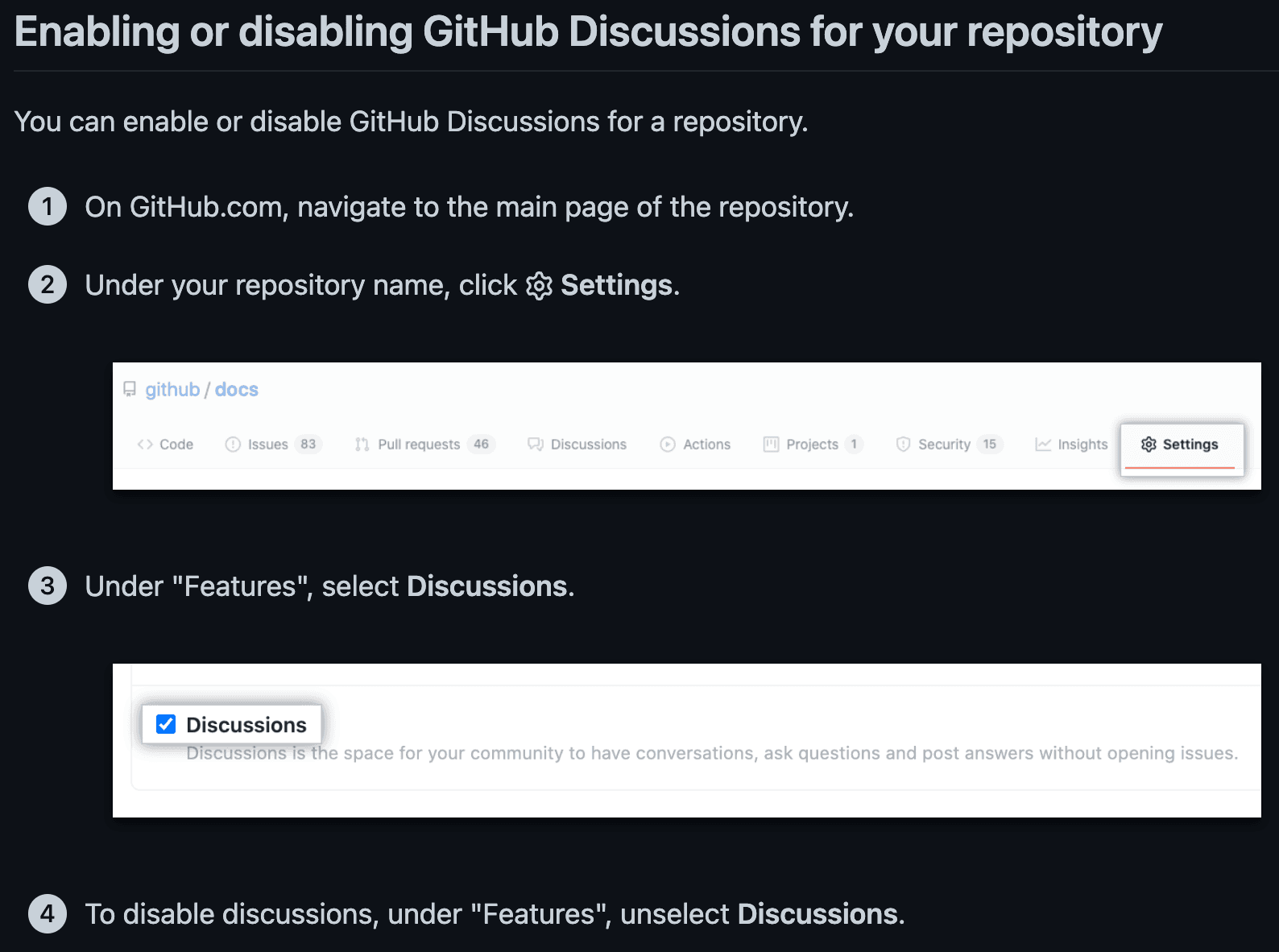 GitHub Docs, Enabling or disabling GitHub Discussions for a repository