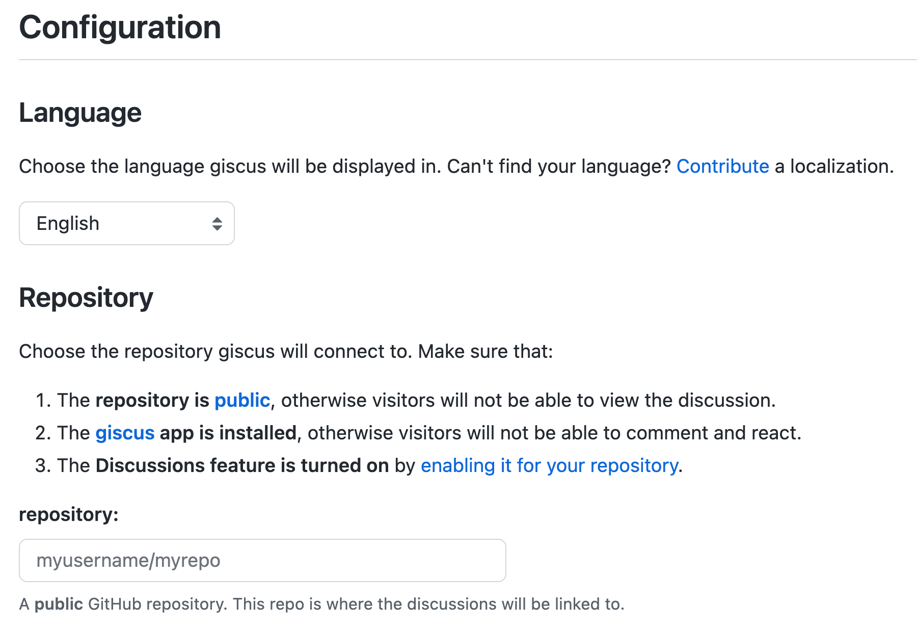 giscus app 網頁，Configuration 區塊