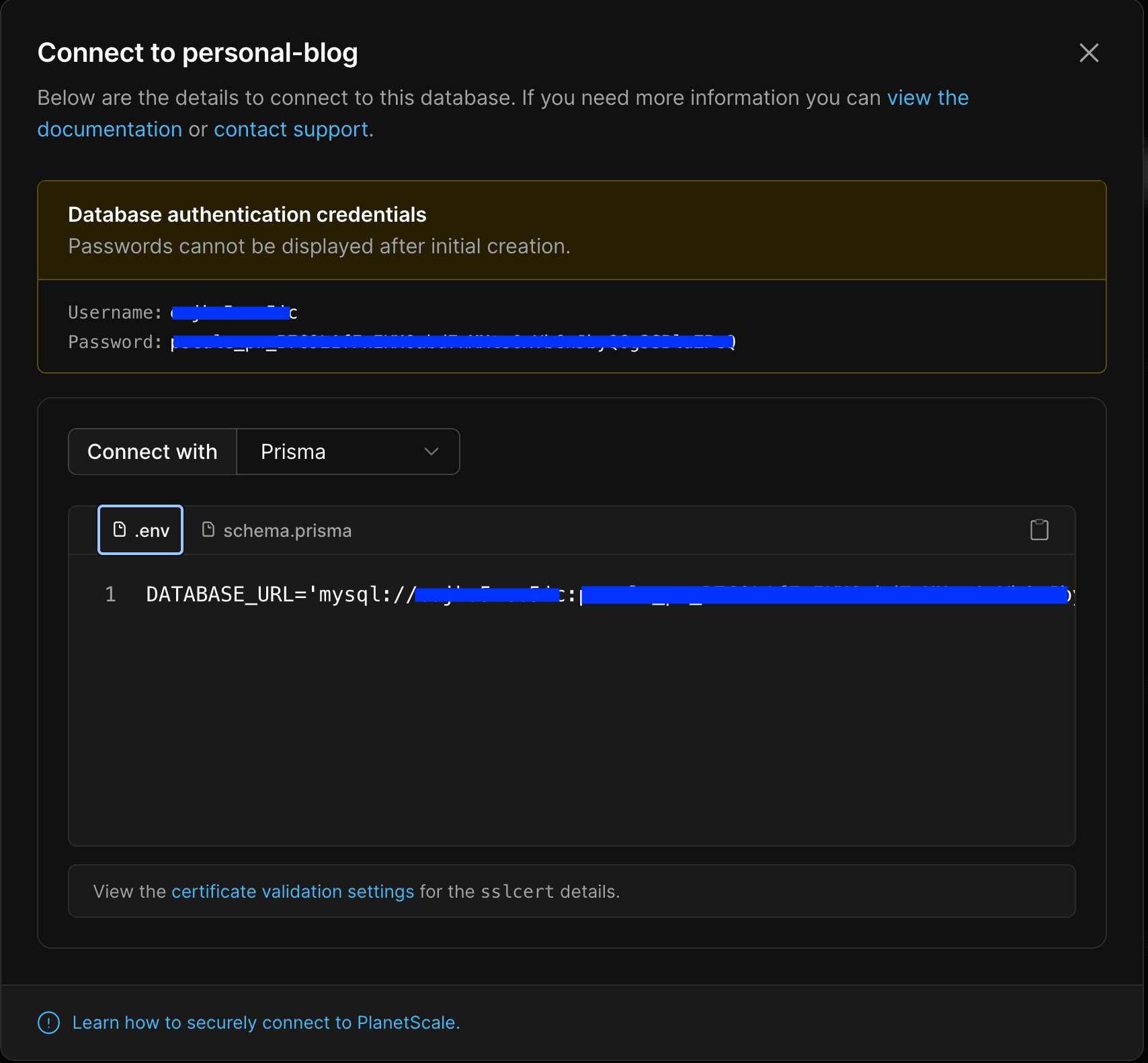 PlanetScale your generated password